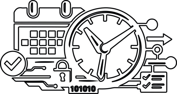 Digital time management system icon set with calendar, clock, security, and task list elements.