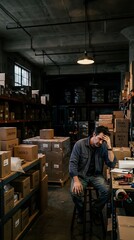 Obraz premium Man sitting in a dimly lit warehouse with boxes stacked high.