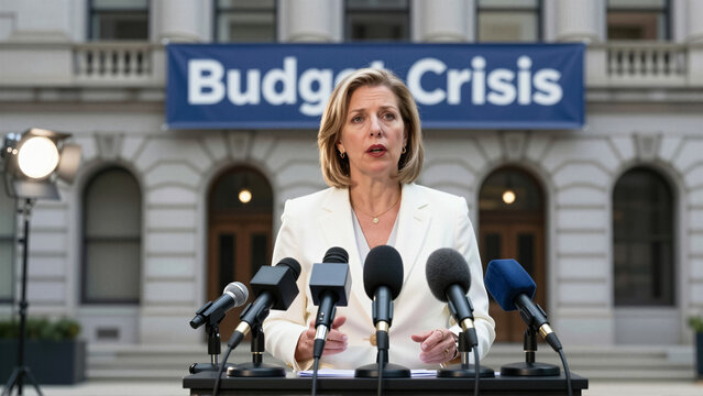 A woman addresses the media at a press conference, discussing the urgent budget crisis. She speaks from a podium with microphones, highlighting key politics and economic issues