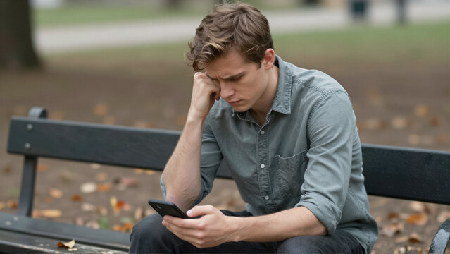 A young adult man sits thoughtfully on a park bench, absorbed in his mobile phone. His sad expression suggests stress or loneliness, conveying deep contemplation