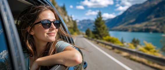 Smiling woman looking out of a car window on a scenic road trip. Female traveler enjoying the view of a turquoise lake and mountains. Summer vacation and travel concept