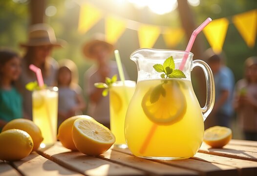 Bright Mint Lemonade Kids Stand Surrounded by Fun Summer Imagery and Colorful Decorations