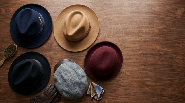 Flat lay of five stylish hats including fedoras and a cap, arranged with accessories on a wooden surface