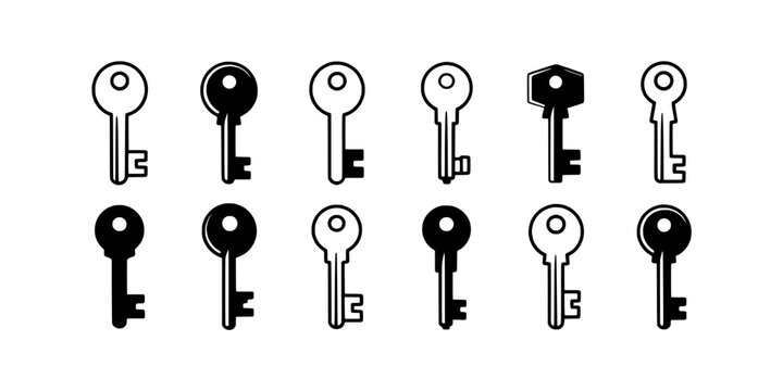 Keys icon set with simple bold flat design, high contrast black white, minimalist keyhole symbols for UI and labels