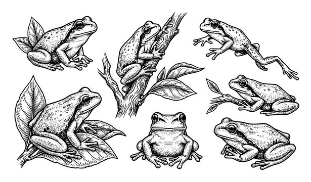 Detailed Hand Drawn Frog Collection with Various Frog Poses on Leaves and Branches Nature Illustration