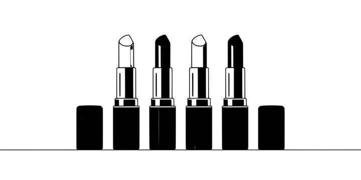 Lipstick cosmetic makeup icon set with glossy black cases and nude pink bullet tips on white background