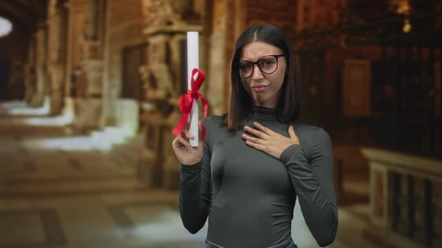 Woman holds diploma tied with red ribbon and places hand on chest in historic building corridor; uncertainty achievement.