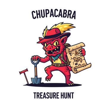 Chupacabra Treasure Hunt Cartoon Character with Shovel and Map.