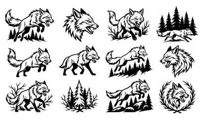 Hand Drawn Wolf Illustration Collection with Forest Trees and Wild Animal Nature Artwork © MstNadiya