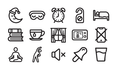 Fototapeta premium Set of sleep and wellness line icons for bedtime routine and healthy habits design.