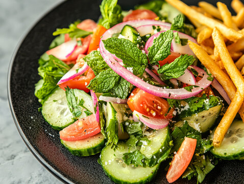 A vibrant Lebanese fattoush salad featuring cucumbers, tomatoes, mint, and onions, served with crispy fries.