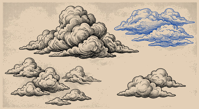 Cloud and cloudiness vintage sketches. Vector hand drawn sky of ancient engraved fluffy clouds, antique map elements
