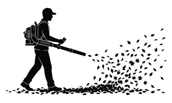 Gardener Leaf Blower Silhouette Illustration with Outdoor Yard Cleaning Worker for Landscaping and Maintenance Graphic Design Projects