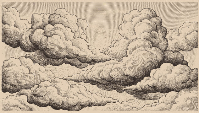 Cloud and cloudiness vintage sketches. Vector hand drawn sky of ancient engraved fluffy clouds, antique map elements