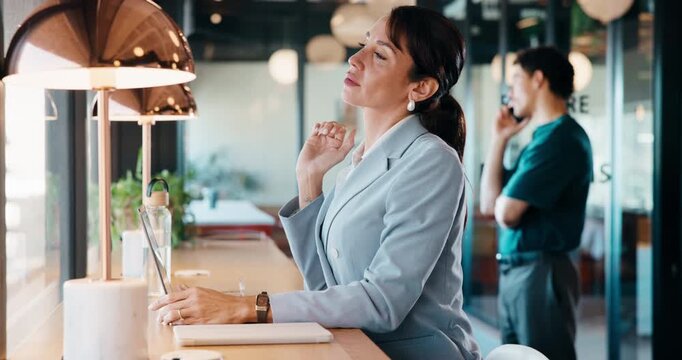 Neck pain, overworked or woman in workplace with laptop, burnout or joint strain with injury. Tendinitis, frustration or mature employee in agency with tech, muscle sprain or fatigue with bad posture