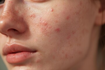 Fototapeta premium A woman with acnes on her face. She has a serious look on her face.