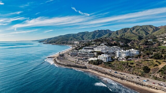 Drone Panorama of Malibu Beach Road and Mountains