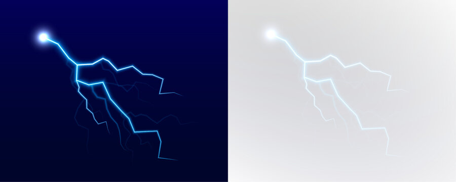 A dramatic PNG lightning bolt splits storm clouds, illuminating night skies with vivid blue energy. Sparks scatter across mountains. Thunder echoes softly.