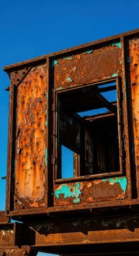 Rusted metal structure slowly deteriorating under the harsh environmental conditions, showing inevitable decay and physical reality, texture, reality, oxidation