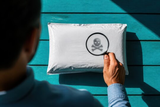 Person inspecting suspicious parcel with magnifying glass and skull warning symbol on package for security and safety concept