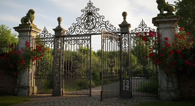 Ornate wrought iron gate, elegant style, framed by stone pillars with lions, garden entrance concept