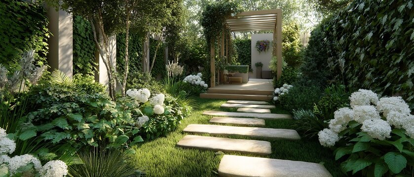 Lush greenery frames a serene garden path