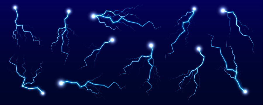 A dramatic lightning bolt splits the night sky, with electric sparks scattering. Clouds glow faintly. Storm energy electrifies the landscape.