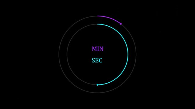 Timer animation with concentric rings cyan and purple sweeping arcs and time labels on dark background`