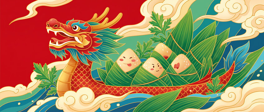 Dragon boat carrying cute zongzi breaking waves during Dragon Boat Festival