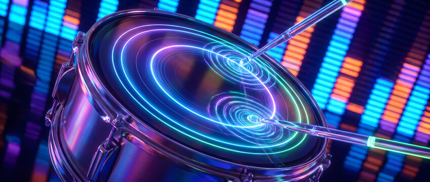 Neon glowing drum kit with sound wave effects and colorful digital background