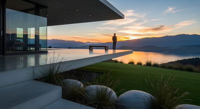 Modern glass house terrace, sunset lake view, harmony of architecture and nature