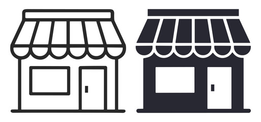 Simple black and white storefront icons with canopy awnings representing small shops or businesses on transparent background © KKeitlin