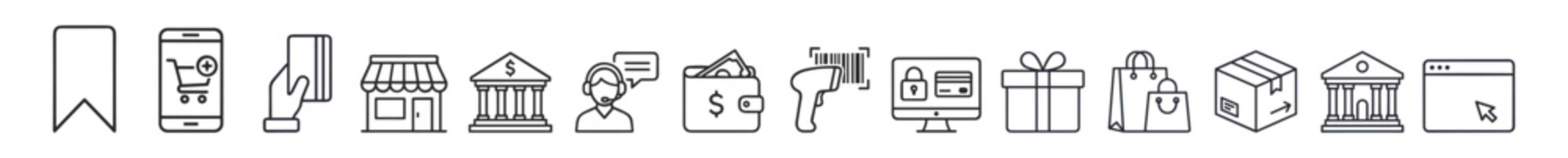 Set of modern line icons representing ecommerce, banking, shopping, customer support, payment, security, delivery, and online services on transparent background