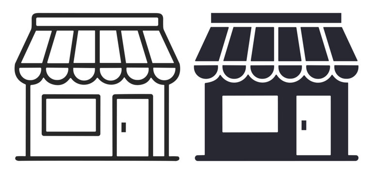 Simple black and white storefront icons with canopy awnings representing small shops or businesses on transparent background