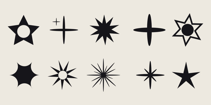 Retro futuristic sparkle icons collection. Set of star shapes. Abstract cool shine effect sign vector design. Eps10