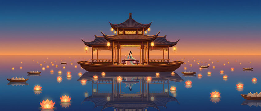 Woman playing guzheng on ancient boat with lotus lanterns floating on water at dusk
