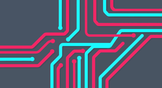 Colorful circuit board design with red and blue lines.