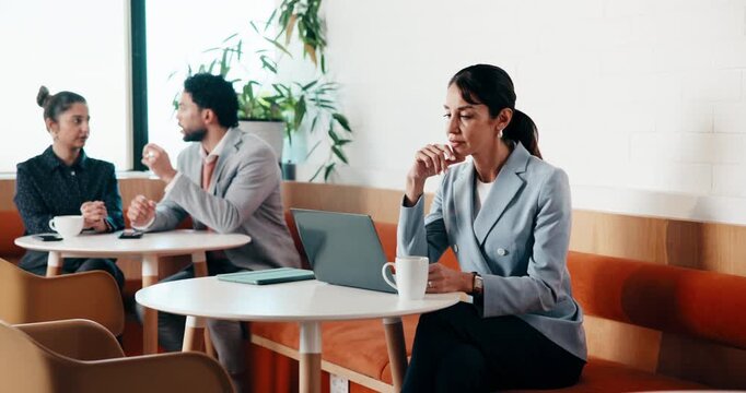 Woman, thinking and remote work in coffee shop with laptop, typing proposal or email marketing idea. Freelancer, mature person and vision in cafe with computer, draft newsletter ad or brand campaign.