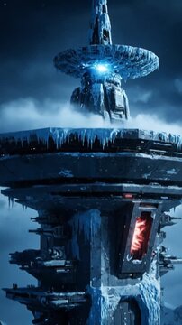 Massive concrete AI fortress in dramatic arctic snowstorm - Concept art of a modern data center facility built in sub-zero polar conditions