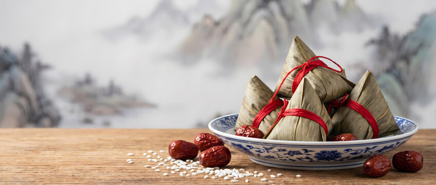 Traditional Chinese Zongzi rice dumplings with red dates in a blue and white porcelain bowl