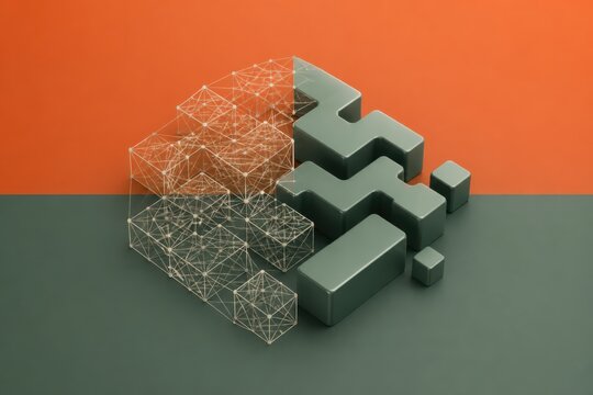 Abstract geometric blocks and wireframe cube on orange and dark green background with modern 3D minimal composition