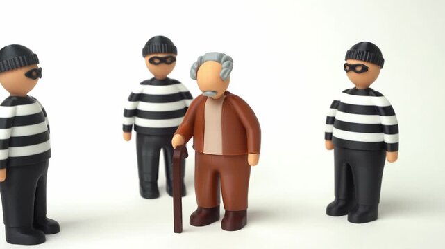 Grandfather in the center of the target surrounded by masked criminals. Target audience for scammers and robbers. Awareness of fraud risks helps protect vulnerable seniors and savings.