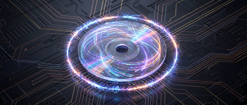 Futuristic glowing ring of light and particles on a dark circuit board background