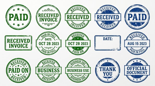 Collection of Vintage Office Rubber Stamp Vectors (Paid, Received, and Business Marks)