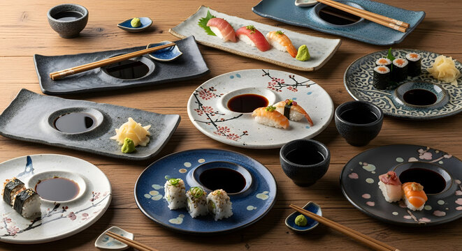 Assorted traditional Japanese multi-course meal presentation with sushi, sashimi, and small dishes on wooden table. Concept of fine dining, culinary artistry,