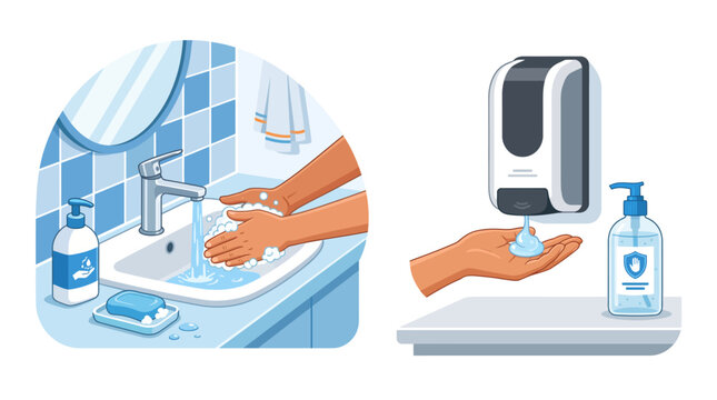 Hands using soap dispenser hygiene.