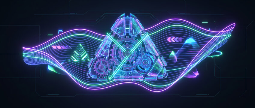 Cyberpunk style neon glowing mechanical triangle with abstract digital art design