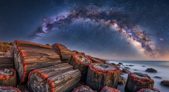 A close-up view of weathered, petrified log segments with orange-toned edges stacked on a beach under a giant glowing Milky Way galaxy at night.