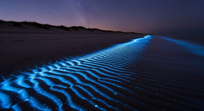 A close-up shot of neon blue glowing water ripples on a dark sandy beach at night, showcasing the natural glow of bioluminescent algae along the shoreline.