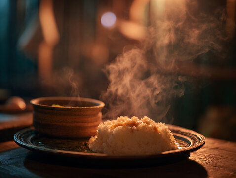 Steaming fufu on plate with clay bowl, moody African kitchen atmosphere